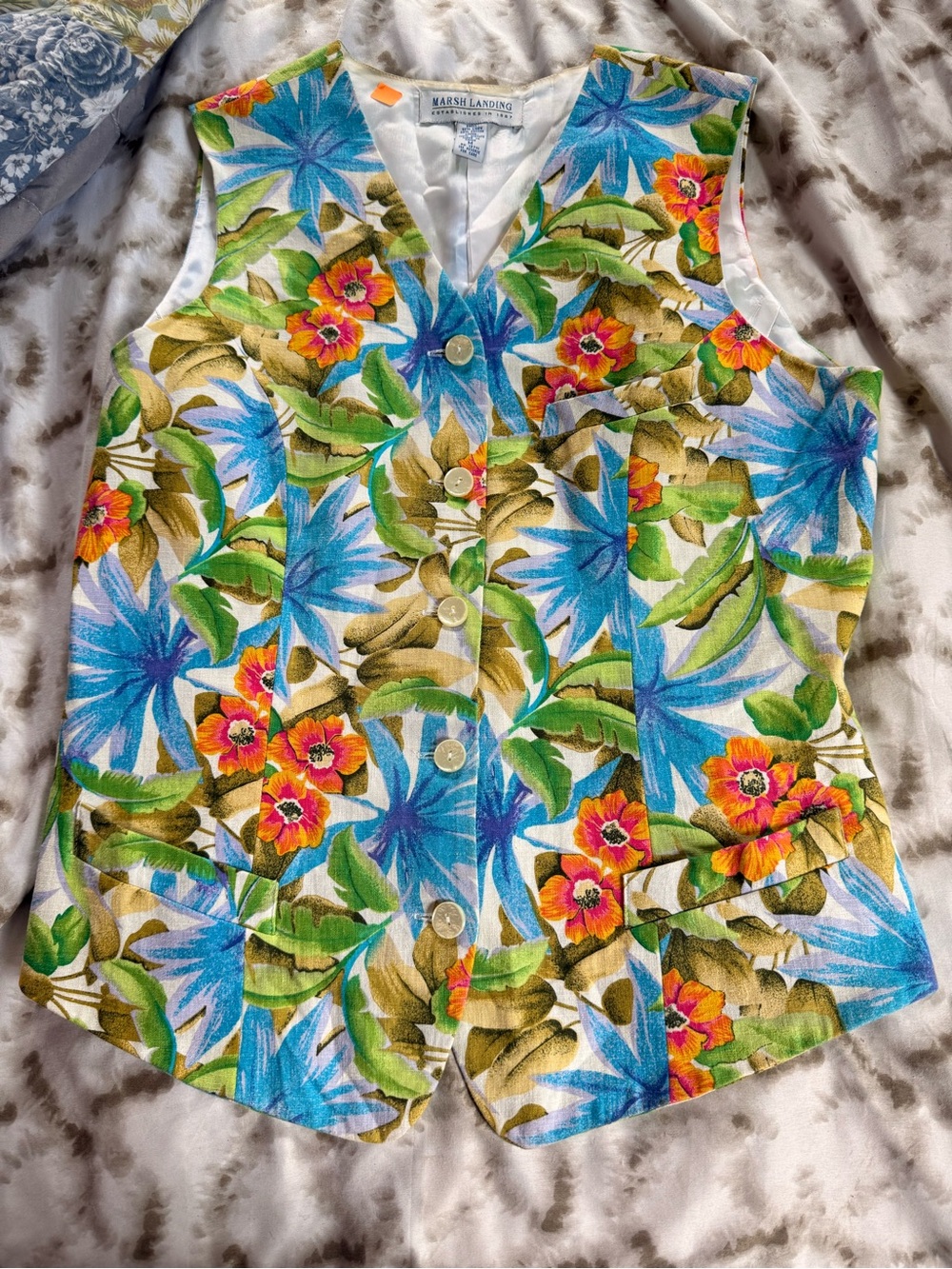 Marsh Landing Tropical Floral Button-Front Vest - Blue, Green & Orange
